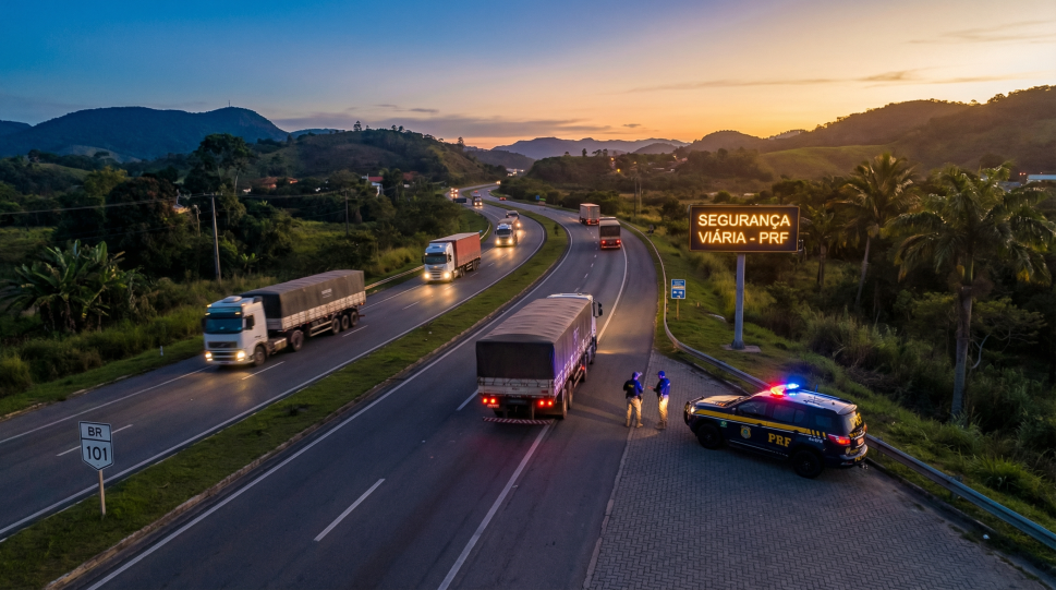 Rodovia com caminhões e fiscalização